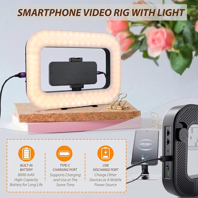 Smartphone Video Rig with Light, Handheld Ring Selfie Light Kit, LED Mobile Video Stabilizer with Built-in 8000mAh Battery for Camera, Smartphone, YouTube, TikTok Video Recording, Makeup - Image 6