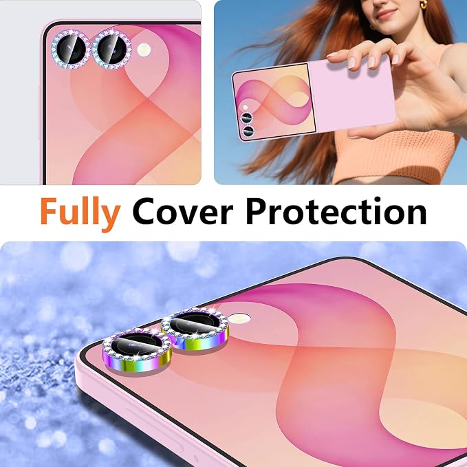 for Samsung Galaxy Z Flip 8 Camera Lens Protector, Individual Metal Ring Tempered Glass Lens Cover, [Strong Adsorption] Scratch Resistant Ultra-Thin HD Clear Lens Cover, 1 Set-Colorful Diamond - Image 8