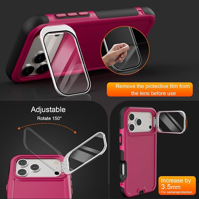Follaroma Magnetic for iPhone 17 Pro Max Case with Camera Stand, Hot Pink | Built-in Glass Camera Cover Stand,Compatible with MagSafe,Heavy Duty Shockproof Protective,Military-Grade Anti-DropDual Case - Image 2