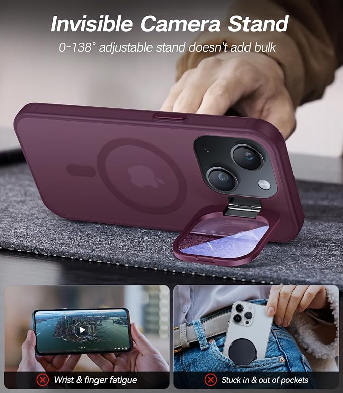 VOFATA for iPhone 15 Case with Camera Cover Stand [Built-in 9H Camera Lens Protector][Fit for Magsafe] Military Grade Shockproof Translucent Matte Magnetic Phone Case 6.1", Red - Image 3