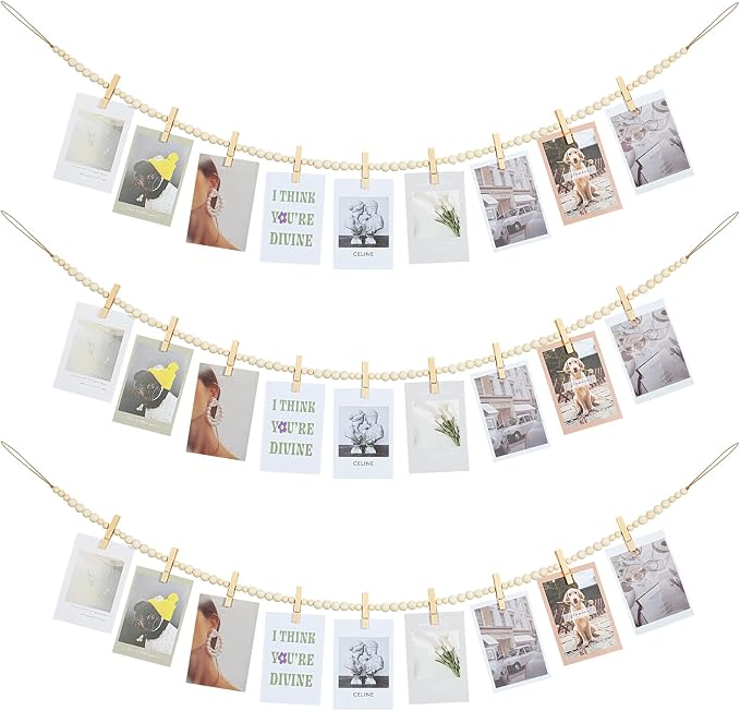 KLOGTSIND Hanging Photo Display, 3PCS Boho Wood Bead Garland Wall Decor | Photo Banner with 9 Wooden Clips for Bedroom, Living Room, Office, Dorm Decor, Pictures Postcards Holder Teen Girl Gifts by KLOGTSINDDirect