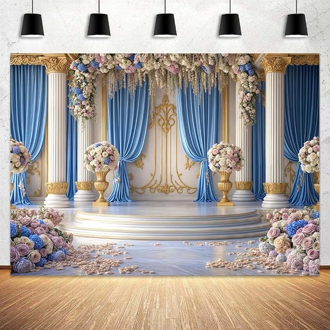 7X5ft Luxurious Blue and White Floral Backdrop for Photography Castle Palace Wedding Party Decortion Elegant Flowers Backdrop Wedding Birthday Party Decorations Bridal Shower Backdrops Studio Props - Image 3