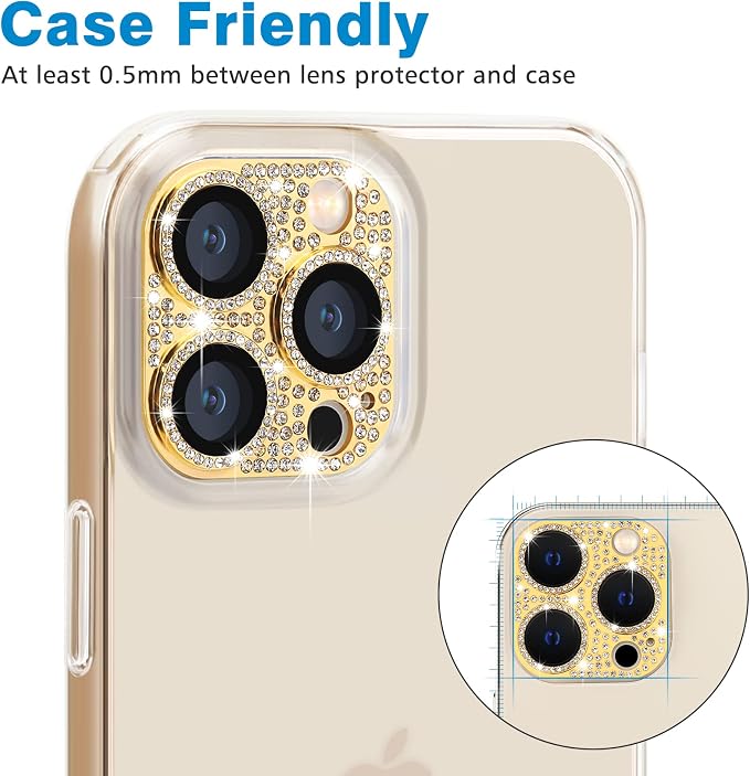 for iPhone 13 Pro & iPhone 13 Pro Max Camera Lens Protector, Bling 3D Rhinestone Diamond 9H Tempered Glass Camera Cover Anti Scratch Shockproof Metal Lens Screen Full Protective Cover - Gold - Image 4