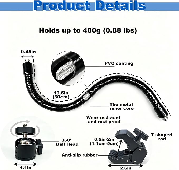 50cm Gooseneck Clamp Camera Mount with 1/4" Screw & 360° Ball Head | Flexible Clip Mount for Handlebar, Desk, Tube, Cross Bar – Compatible with GoPro, Ring, Google Nest, Wyze, Arlo - Image 2