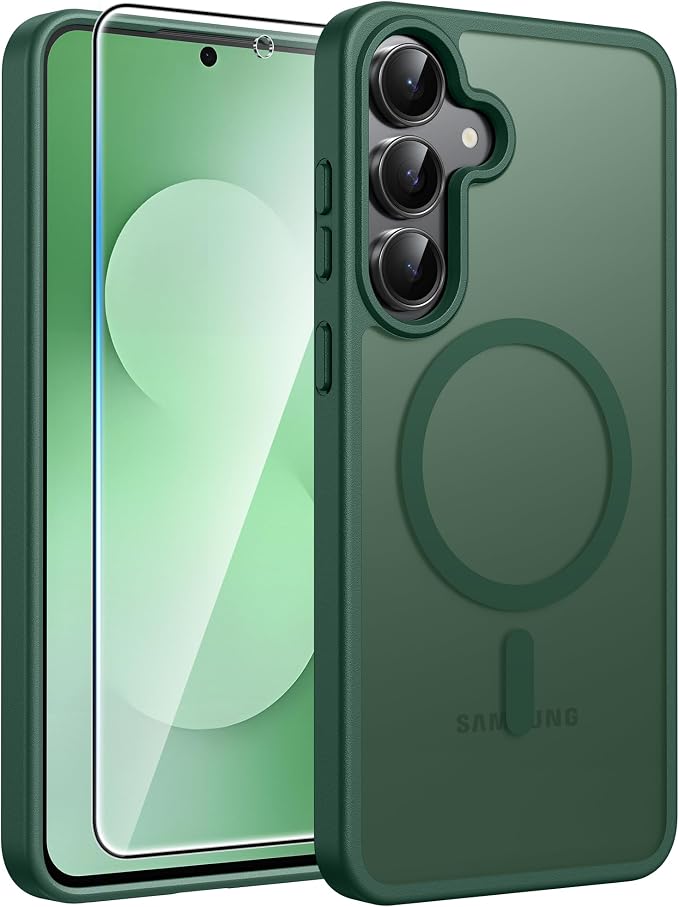 FNTCASE for Samsung Galaxy S25 FE Case, Fit for Magsafe, Screen Protector | Translucent Matte Magnetic Back, 14FT Military Grade Drop Protection, Slim Shockproof Protective Phone Cover, Green by FNTCASE