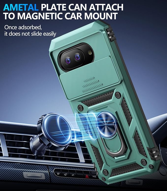 Taisairu for Google Pixel 9A Case with Screen Protector & Slide Camera Lens Cover,Built-in 360°Rotate Magnetic Ring Stand Shockproof Protective Phone Case for Google Pixel 9A Case (Green) - Image 5