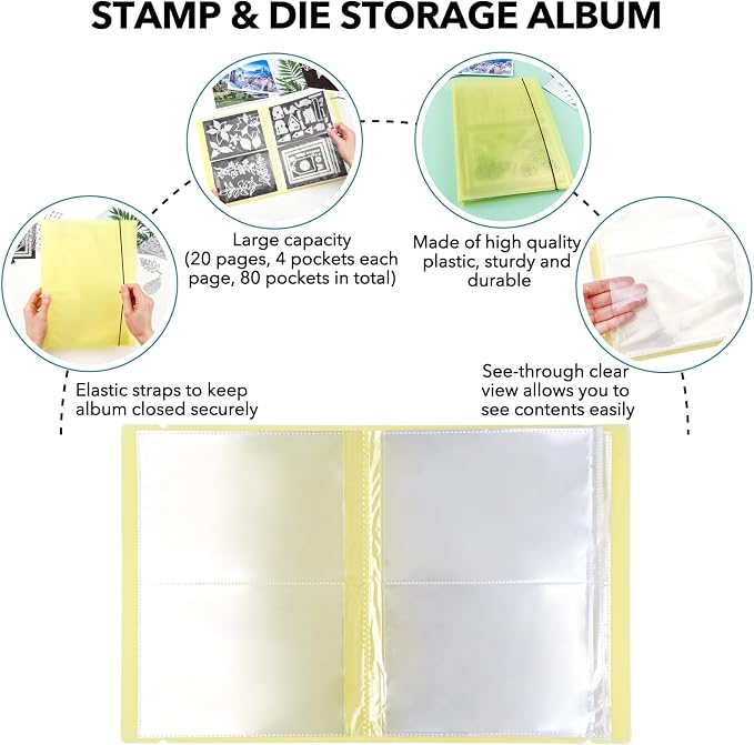 2 Pack Large Sticker Photo Storage Album, Stamp & Cutting Dies Storage Book Organizer Folder for Cards Storage DIY Scrapbooking Card Making Supplies 20 Pages 80 Pockets/Pack (Clear + Yellow) - Image 6