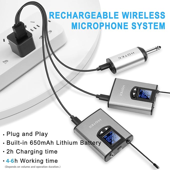 Hotec Wireless System with Dual Headset Microphones/Lavalier Lapel Mics and Bodypack Transmitters and One Mini Rechargeable Receiver 1/4" Output, for Live Performances - Image 5