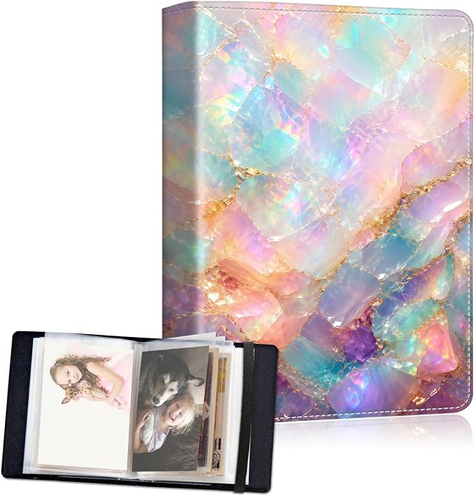 Small Photo Album 4x6, 60 Pockets Holds 120 Photos, Slip-in Pocket Photo Storage Book with Black Elastic Band for Family Wedding Baby Travel Pictures, Iridescent Gold Crystal Agate by Unknown