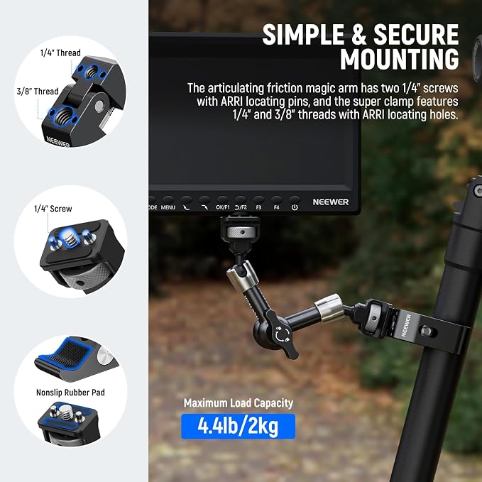NEEWER 7" Articulating Magic Arm Clamp Mount with Super Clamp, Camera Monitor Mount with 1/4" 3/8" ARRI Locating Pins & Holes for DSLR Action Camera Video Light Compatible with SmallRig Cage, ST07C - Image 4