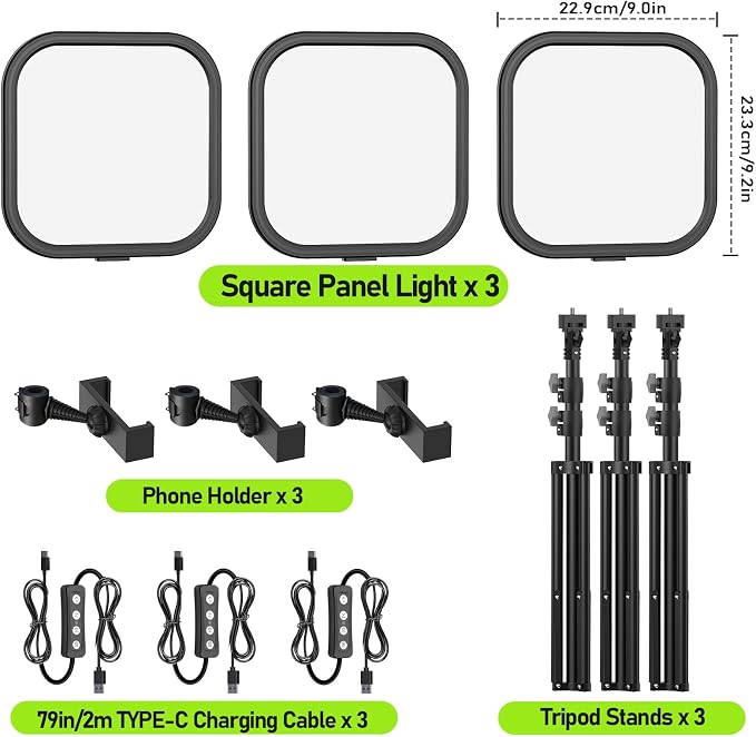 3 Pack LED Video Panel Light, 2500-8500K Dimmable Studio Lights with Tripod Stand & Phone Holder, 78" Photography Lighting Kit for Video Recording, Game Streaming, Photography, Tiktok, YouTube - Image 7