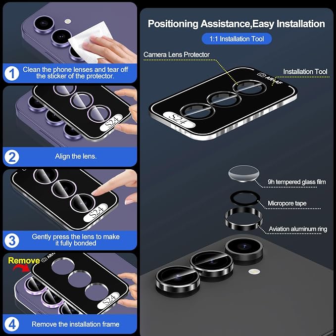 for Samsung Galaxy S24 Camera Lens Protector, Individual Metal Ring Tempered Glass Lens Cover, [Strong Adsorption] Scratch Resistant Ultra-Thin HD Clear Lens Cover, 1 Set-Black Ring - Image 6