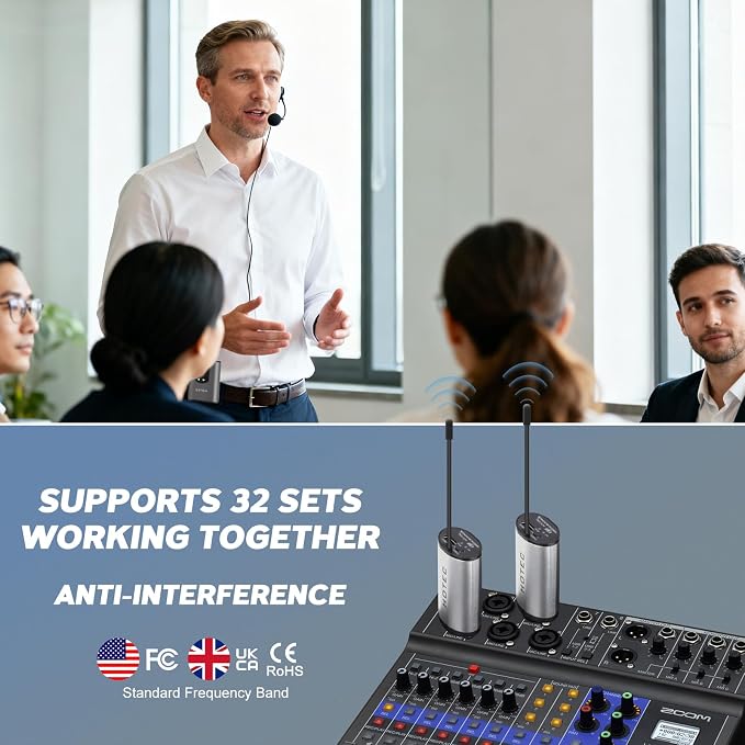 Hotec Wireless System with Dual Headset Microphones/Lavalier Lapel Mics and Bodypack Transmitters and One Mini Rechargeable Receiver 1/4" Output, for Live Performances - Image 7