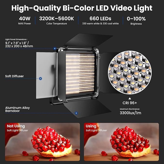 NEEWER 2 Pack Bi Color 660 LED Video Light and Stand Kit: (2) 3200-5600K CRI 96+ Dimmable Light with U Bracket and Barndoor, (2) 75 inches Light Stand for Studio Photography, Video Recording (Black) - Image 2