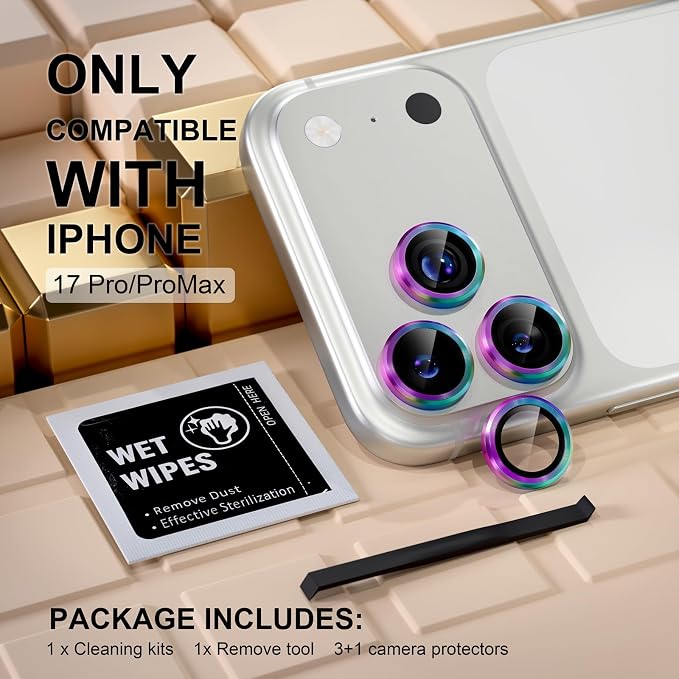 Misea Compatible for iPhone 17 Pro/iPhone 17 Pro Max Camera Lens Protector | 9H Tempered Glass Ultra HD Bling Camera Screen Protector Cover Metal Individual Ring Decoration Accessories, Colorful - Image 2