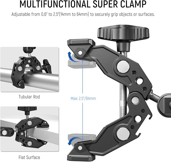 NEEWER Double Super Clamp with Magic Arm, Cleaning Cloth, Umbrella Camera Pole Clamp Mount for Desk Photo Studio Light Stand, Reflector, Scrim, Cross Bar, Motorcycle, Photography Accessories, UA036 - Image 3