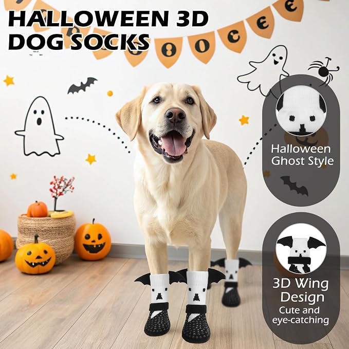EXPAWLORER Halloween Anti Slip Dog Socks to Prevent Licking Paws, Boots & Paw Protectors with Grippers,Doggie Booties for Hardwood Floors for Small Medium Large Senior Dogs Costume White Ghost Wings S - Image 5