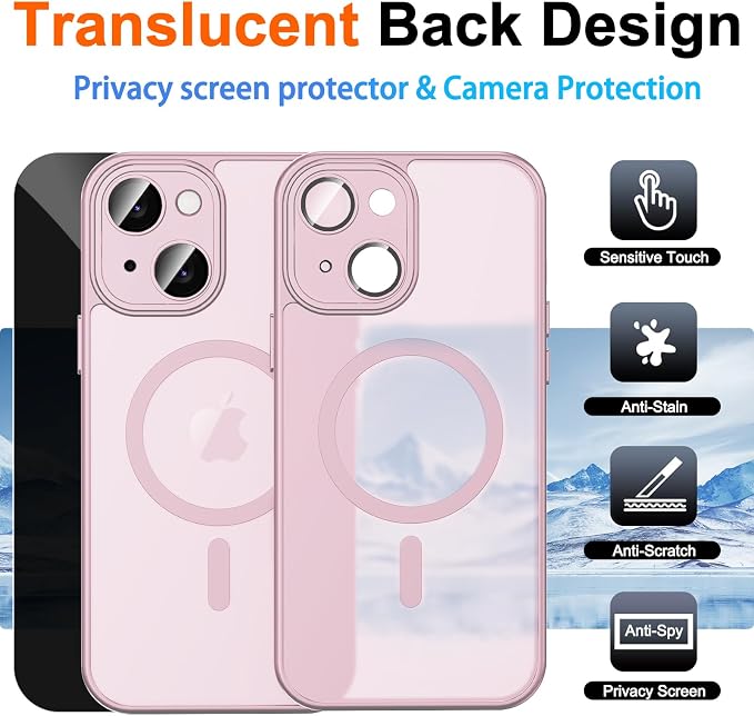 for iPhone 14 Case with Privacy Screen Protector, Pink | Full Camera Protection, Translucent Matte Magnetic, Compatible with MagSafe, Shockproof Phone Cover, Slim Fit Women/Girls - Image 2