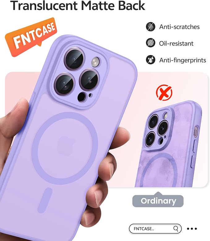 FNTCASE for iPhone 14 Pro Case, Compatible with Magsafe, Screen Protector | Full Camera Protection, Translucent Matte, 14FT Military Grade Drop Proof, Shockproof Protective Phone Cover, Light Purple - Image 6