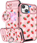Buleens for iPhone 15 Case 6.1 Inch - with Ring Stand & Camera Cover Aesthetic Cute Designed for Women Girls Girly Pretty Strawberry for Phone Case for iPhone 15 Compatible with Magsafe by Buleens