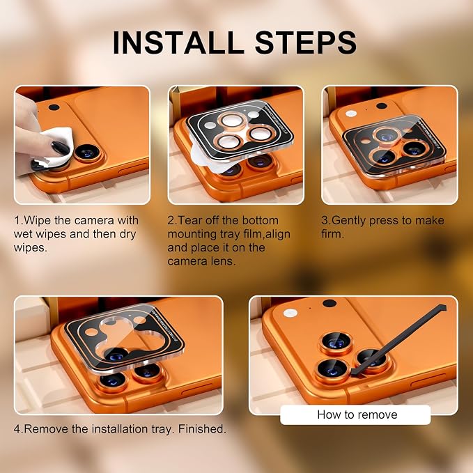 Misea Compatible for iPhone 17 Pro/iPhone 17 Pro Max Camera Lens Protector | 9H Tempered Glass Ultra HD Bling Camera Screen Protector Cover Metal Individual Ring Decoration Accessories, Orange - Image 7
