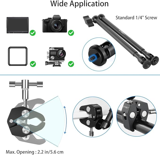 UTEBIT 22 Inch Magic Arm Camera Mount with Super Clamp 1/4" 3/8" Screw Hole (Pack of 2) - Image 5