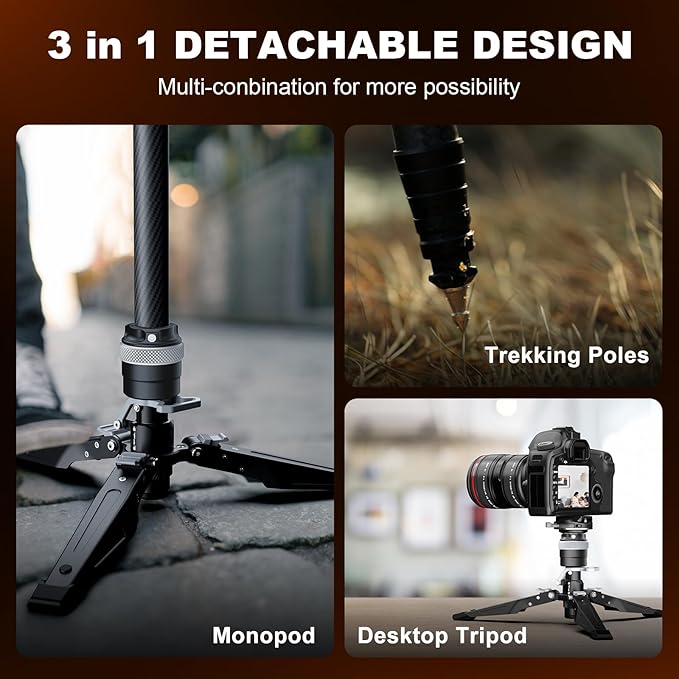 One-Click Lifting Monopod with Feet, 65’’ Travel Monopod with 360° Ball Bowl Head, Lightweight Camera Tripod with Arca Quick Release for Canon Nikon, DSLR Cameras, Max Load 22lbs/10kg (M1S) - Image 3