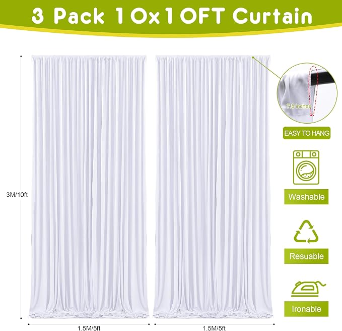 White Backdrop Curtain for Parties Backdrop Drapes, 3Pack 10x10FT | Wrinkle Free Polyester Curtain Backdrop Draping Fabric for Backdrop Photoshoot Birthday Party Background,6 Panel 5x10FT - Image 2
