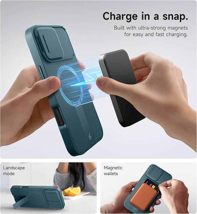 SURITCH for iPhone 16 Pro Max Case with Magnetic Camera Slide Cover and Adjustable Kickstand, Compatible with MagSafe, Shockproof Bumper Case Slim Protective Cover 6.9 Inch, Lake Green - Image 3