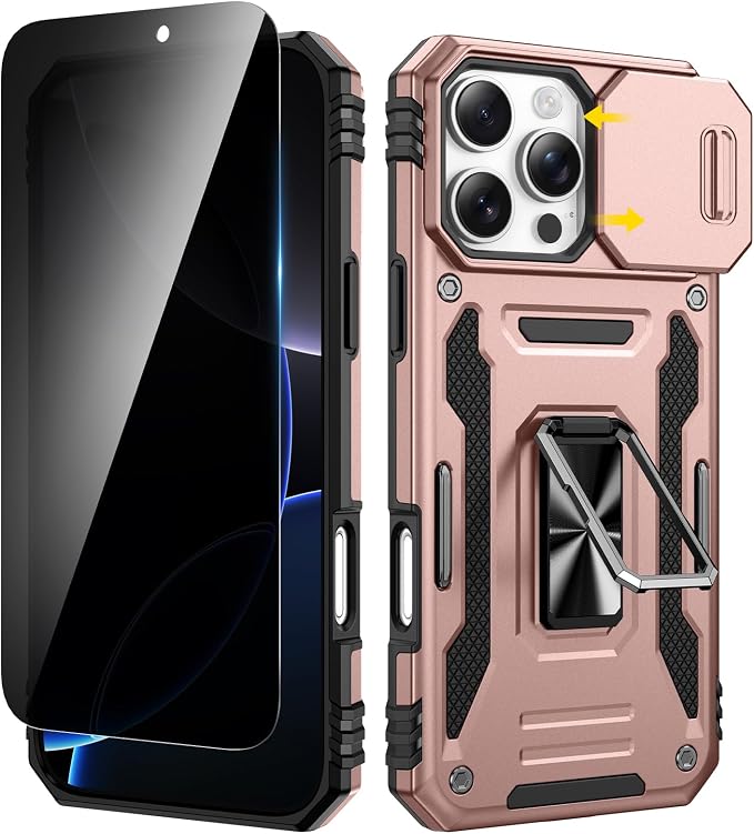 VEGO for iPhone 16 Pro Case with with Privacy Screen Protector and Stand | Slide Camera Cover & Ring Kickstand Military Grade Heavy Duty Protection Cover for iPhone 16 Pro 5G 6.3 Inch - Rose Gold by VEGO