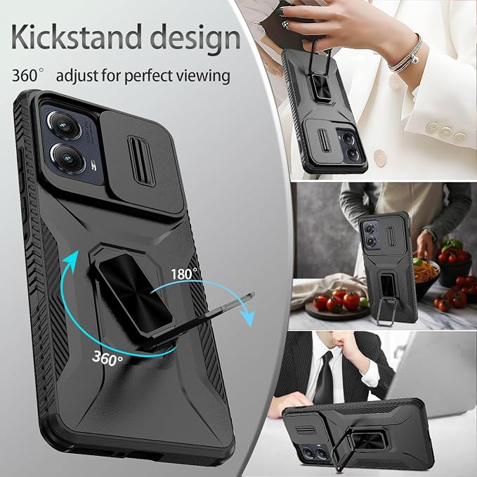 for Moto Edge 2024 Case,with Sliding Camera Lens Cover,HD Screen Protector,360° Rotating Ring Kickstand, Military-Grade Shockproof Protective Cover for Motorola Moto Edge 2024,Black - Image 5