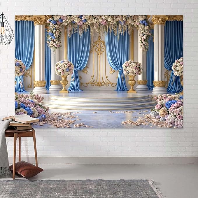 9X6ft Luxurious Blue and White Floral Backdrop for Photography Castle Palace Wedding Party Decortion Elegant Flowers Backdrop Wedding Birthday Party Decorations Bridal Shower Backdrops Studio Props - Image 5