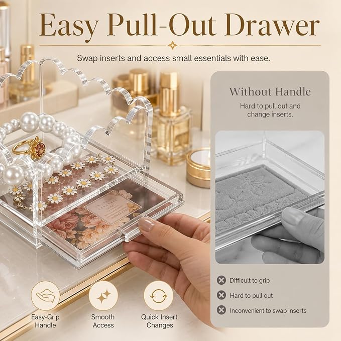 2 Pack Scalloped Acrylic Trays with Insert Drawer, 4" x 4" and 5" x 5" | Clear Display Trays for Needlepoint Inserts, Photos, Art, Fabric, Jewelry Organizer, Vanity and Home Office Desk Decor Gift - Image 2