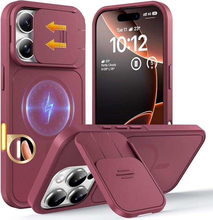 TOCOL for iPhone 16 Pro Case with Slide Camera Cover, Kickstand and Camera Control Button, Fit for MagSafe, Rugged Solid Phone Case, Non-Slip, Drop Protection, Plum by TOCOL