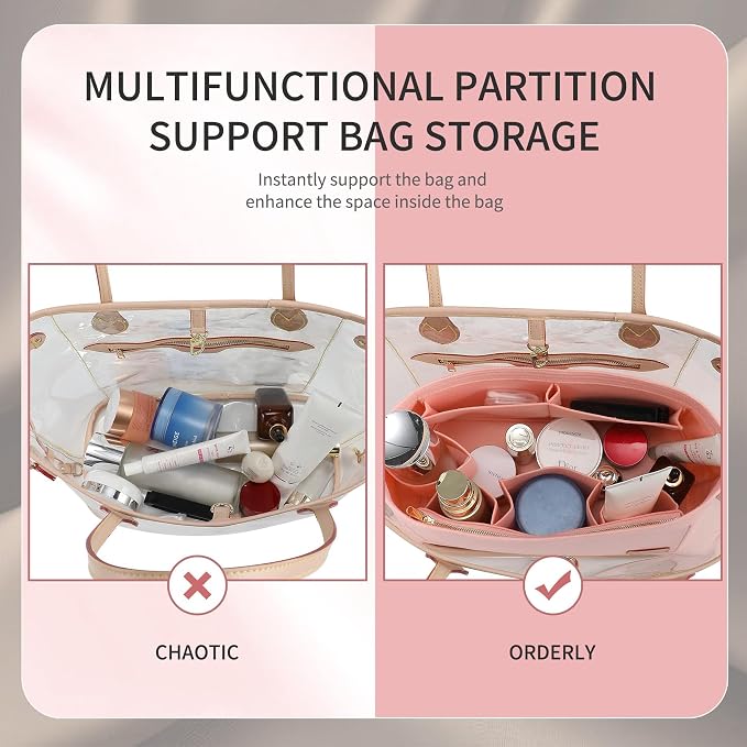 Doxo Purse Organizer Insert for Handbags & Base Shaper 2pc Set, Felt Neverfull MM Organizer Insert, Tote Bag Organizer with Zipper Pocket and Bottle Holder, Fit Speedy 30 Neverfull MM and More,Pink-L - Image 6