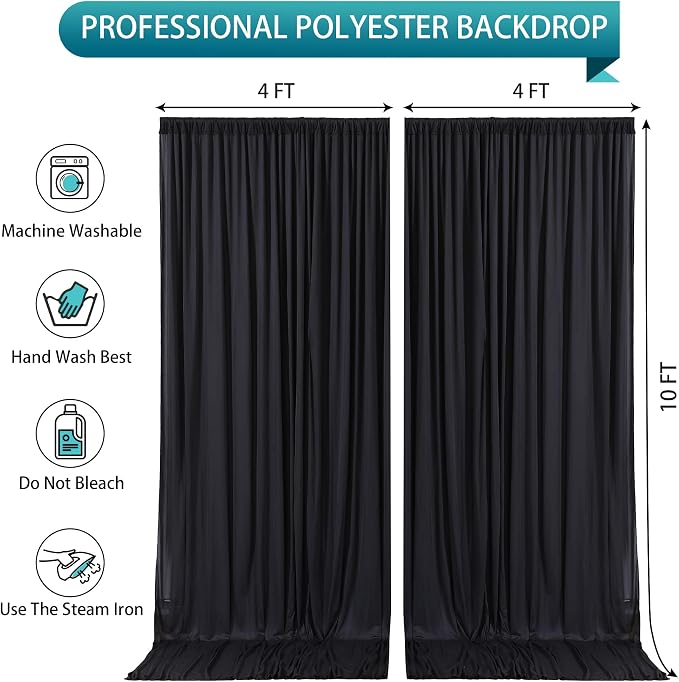 Black Backdrop Curtain 2 Panels-Wrinkle-Free Black Curtains Polyester Photography Drapes for Wedding Birthday Party Photo Background Backdrop Stand- 8 X10FT - Image 4
