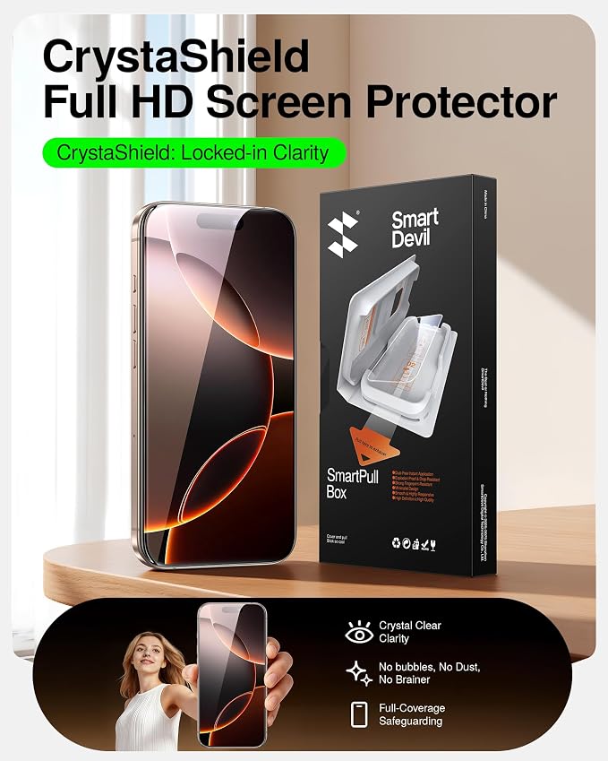 SMARTDEVIL 2 Pack Tempered Glass for iPhone 16 Pro Screen Protector | SmartPull Box Bubble-Free Instant Install Applicator, 9H Military-Grade Protection, Case-Friendly - Image 2