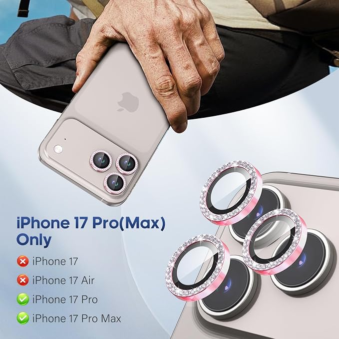 iPhone 17 Pro/17 Pro Max Camera Lens Protector Bling Diamond, Pink | Individual Metal, 9H Hardness, Scratch Resistant, Shockproof, Drop Protection, Case Friendly, Stylish Accessories - Image 2