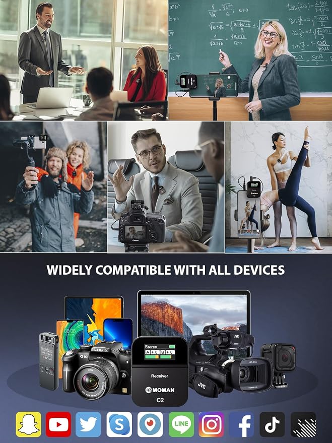 Moman C2 Wireless Lavalier Microphone, 2.4GHz Wireless Lapel Microphone System with Transmitter & 1 Receiver for DSLR Camera Phone Laptop Tablet Camcorder Vlogging Streaming Video(C2 Solo) - Image 6