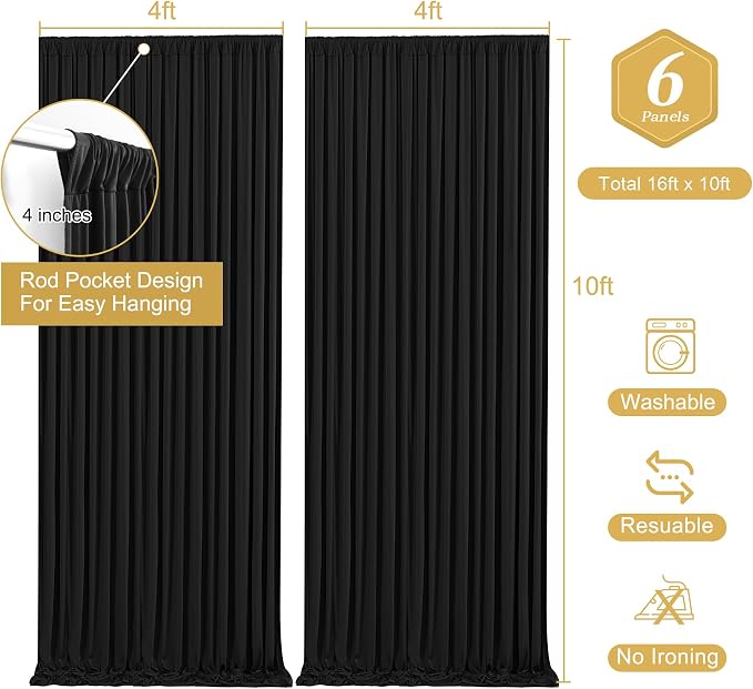Black Backdrop Curtain 6 Panels-Wrinkle-Free Black Curtains Polyester Photography Drapes for Wedding Birthday Party Photo Background Backdrop Stand- 24 X10FT - Image 3