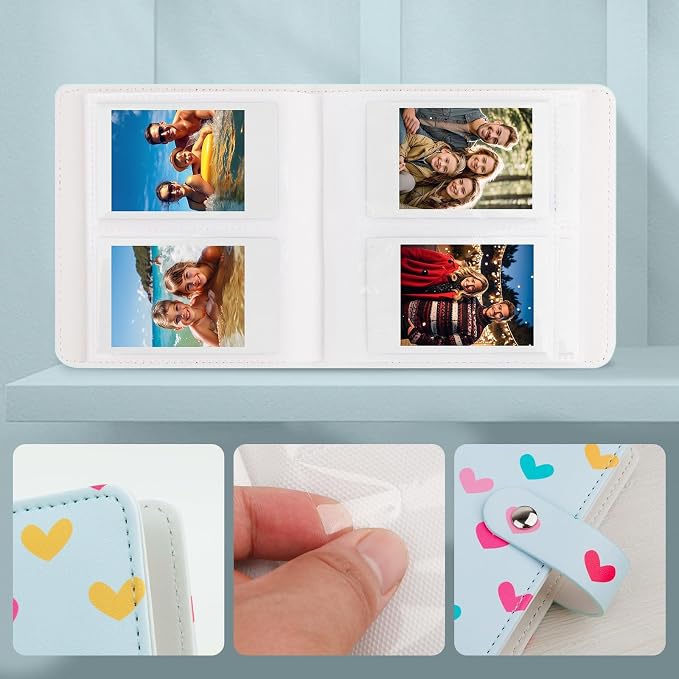 Ruibytree 112-Pocket Small Photo Album for 2x3 Pictures, Hearts Blue,1 Pack | Pocket-Size, PU Leather Cover, Snap Closure, Acid-Free Pages, Fits Polaroid 2x3 Photos, Kodak Mini Prints & ZINK Photos - Image 4