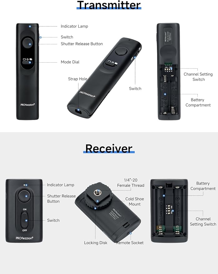 PROfezzion 164ft Remote Shutter Release Wireless for Select Sony Cameras | for Sony A7RVI A7R Mark VI A7RM6 A7V A7 Mark V A7M5 A7CII A7CR A6700 RX1M3 ZV-E10II ZV-E1, AAA Battery, Tripod Clip - Image 6