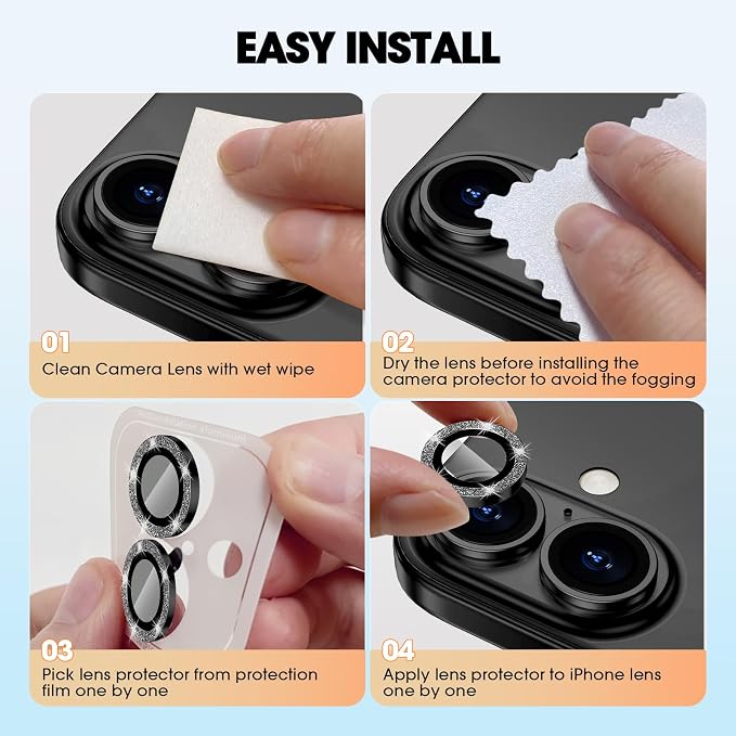 for iPhone 16/16 Plus Camera Lens Protector Bling Glitter, Black | Individual Metal, 9H Hardness, Scratch Resistant, Shockproof, Drop Protection, Case Friendly, Stylish Accessories - Image 7