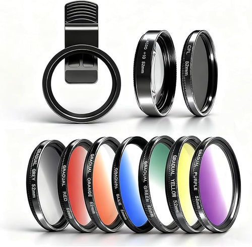 10 in 1 Phone Camera Lens Kit, 52mm Clip-on Glass CPL Polarizing Lens for iPhone with 10 x Macro Lens, 7 Color Lens Filters and CPL Filter by DRAMLOR