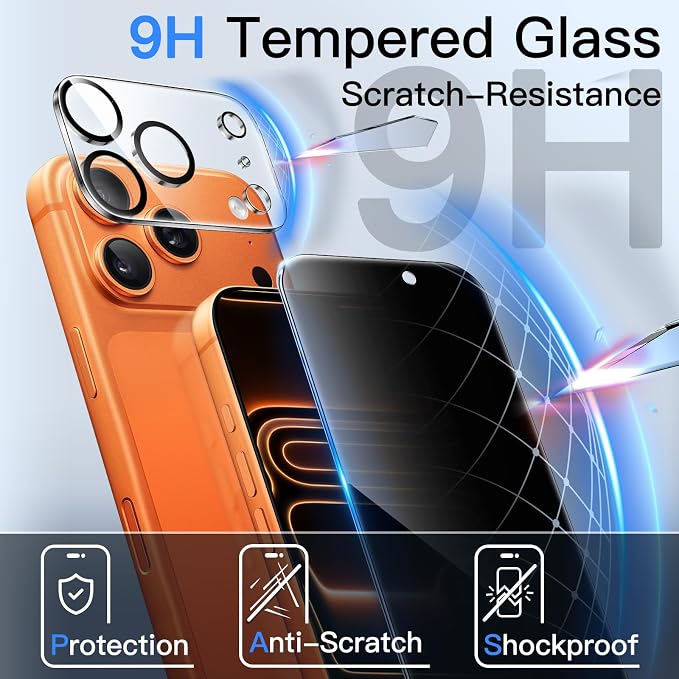 JETech Privacy Screen Protector for iPhone 17 Pro Max, 2+2 Pack | Anti-Spy Tempered Glass, with Camera Lens Protector, Easy Installation Tool - Image 5