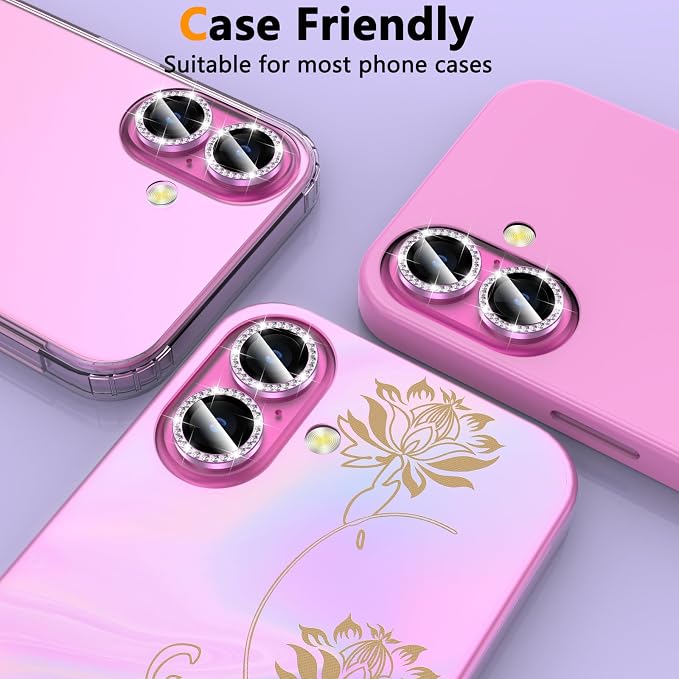 YWXTW Camera Lens Protector for iPhone 16/iPhone 16 Plus, Individual Bling Diamond Metal Ring Tempered Glass Camera Cover Screen Protector for iPhone 16 Accessories, Case Friendly (Pink Diamond) - Image 6