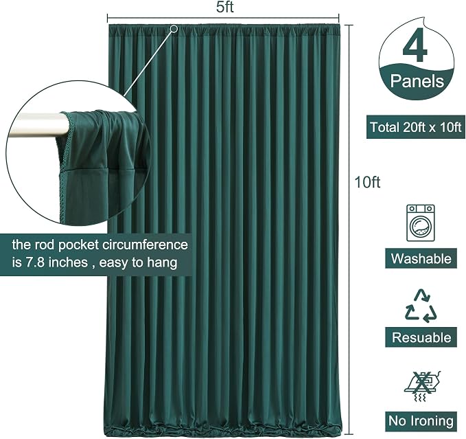 4 Panels Hunter Green Backdrop Curtain for Parties Wrinkle Free Dark Green Photo Curtains Backdrop Drapes Fabric Decoration for Baby Shower Birthday Party Photography 20ft(W) x 10ft(H) - Image 5