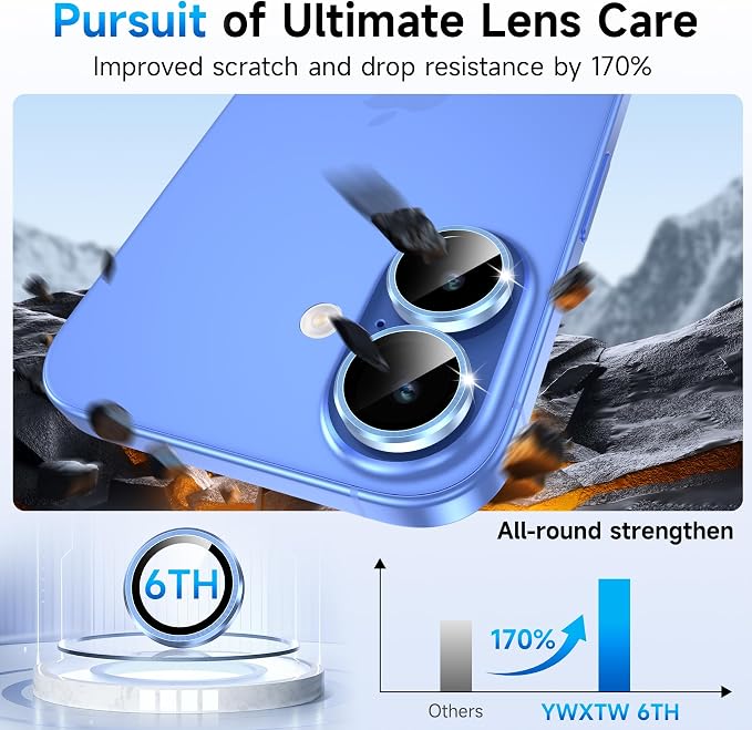 YWXTW Camera Lens Protector for iPhone 17, Individual Anti Scratch Metal Ring Tempered Glass Camera Screen Protector for iPhone 17 Accessories, Case Friendly (Blue) - Image 3