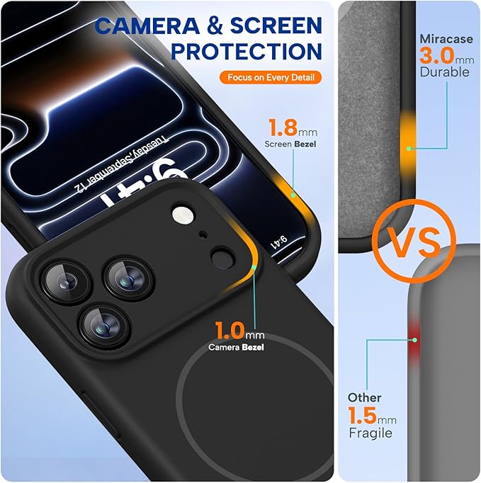 miracase Magnetic for iPhone 17 Pro Case, Compatible with MagSafe, Integrated Silicone Camera Control Cover, 3.0mm Thicken Shockproof Drop Protection Phone Case for 17 Pro,Dark Black - Image 3