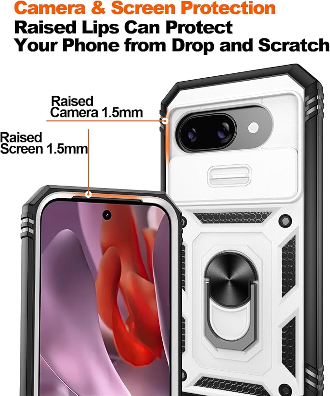 Gritup for Pixel 9A Case Military-Grade Shockproof with Kickstand | with 2 PCS Screen Protector, Slide Camera Cover, Heavy Duty Outdoor Protection Funda para Google 9 A Phone Cover, White+Black - Image 4